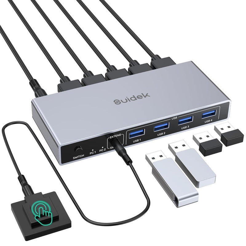 SUIDEK HDMI KVM Switch 1 Monitor 2 Computers, 4K@60Hz USB 3.0 KVM Switcher with 4 USB Ports for 2 Computers Share Keyboard Mouse Printer, Include Desktop Controller, and Power Adapter - Image 1